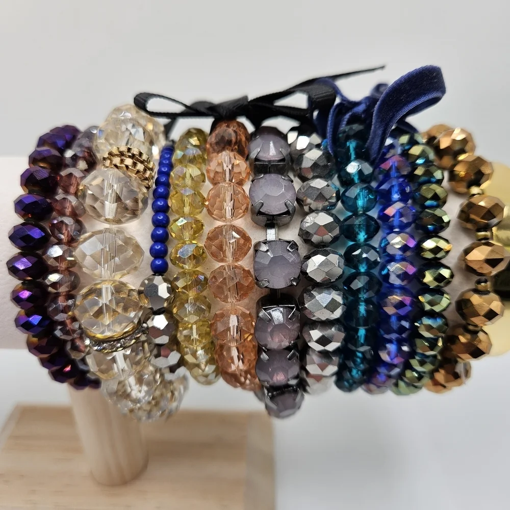 NEW VINTAGE Mixed Color Faceted Glass Beaded Stretch Bracelet Lot of 12